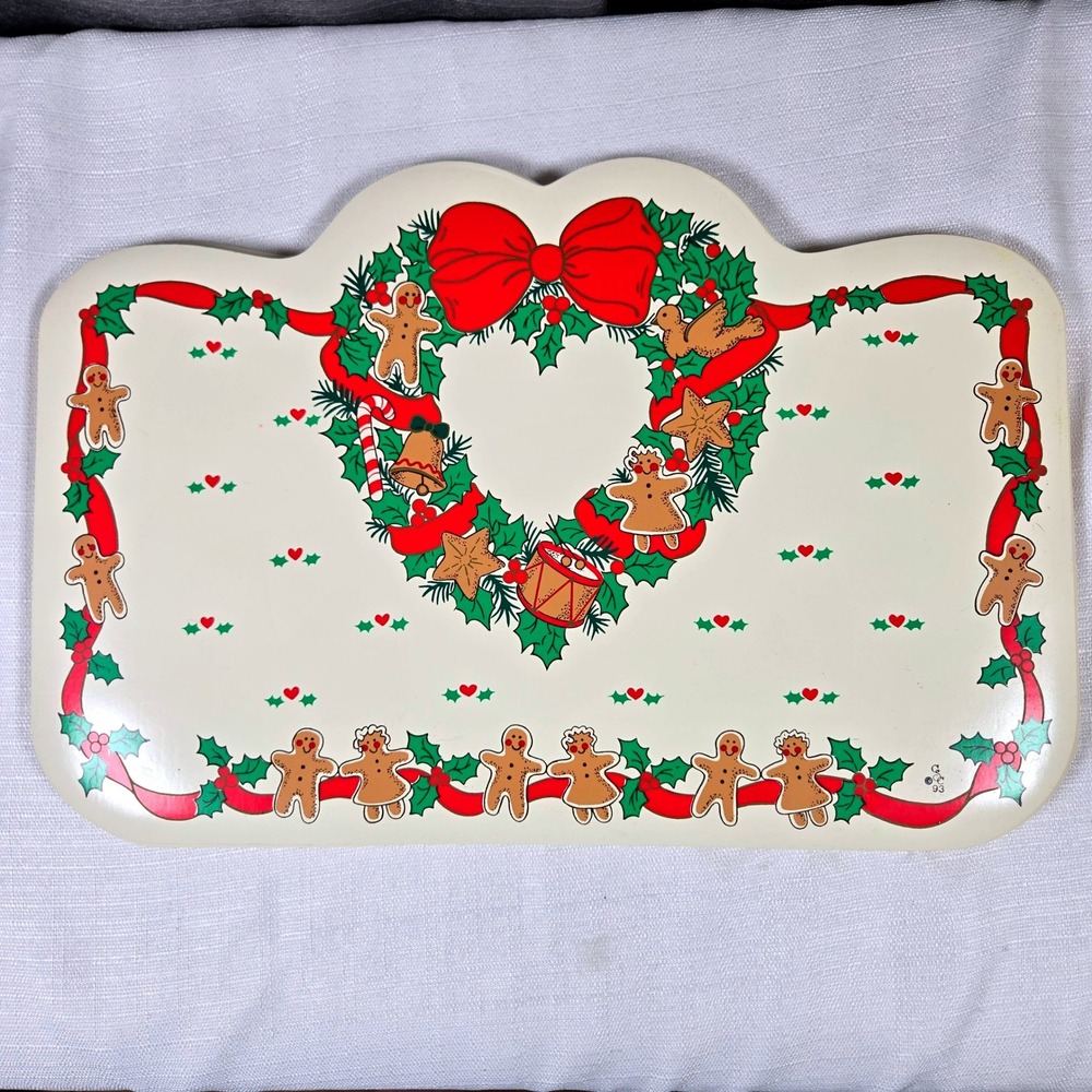 Vintage 90s Christmas Gingerbread Wreath Die Cut Vinyl Placemats Set of 8 Retro